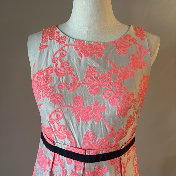 Loft petite SILK jacquard textured Sleeveless mini dress neon pink cream A line - Picture 2 of 14